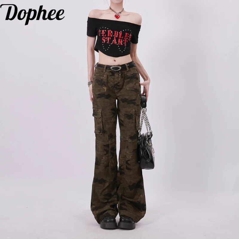 

Dophee Female Cargo Pants New Spring American High Street Multi Pocket Hiphop Camouflage Flare Pants Spice Girls Trousers