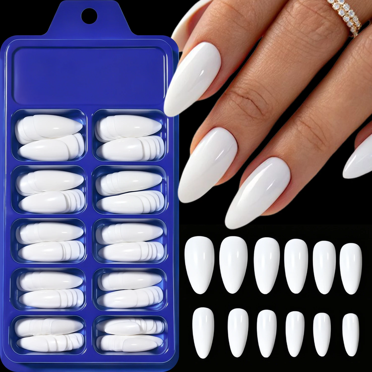 120Pcs White Almond Press on Nails Mid-length Solid Color Acrylic False Nail Tips Simple Artificial Full Cover Women Fake Nails