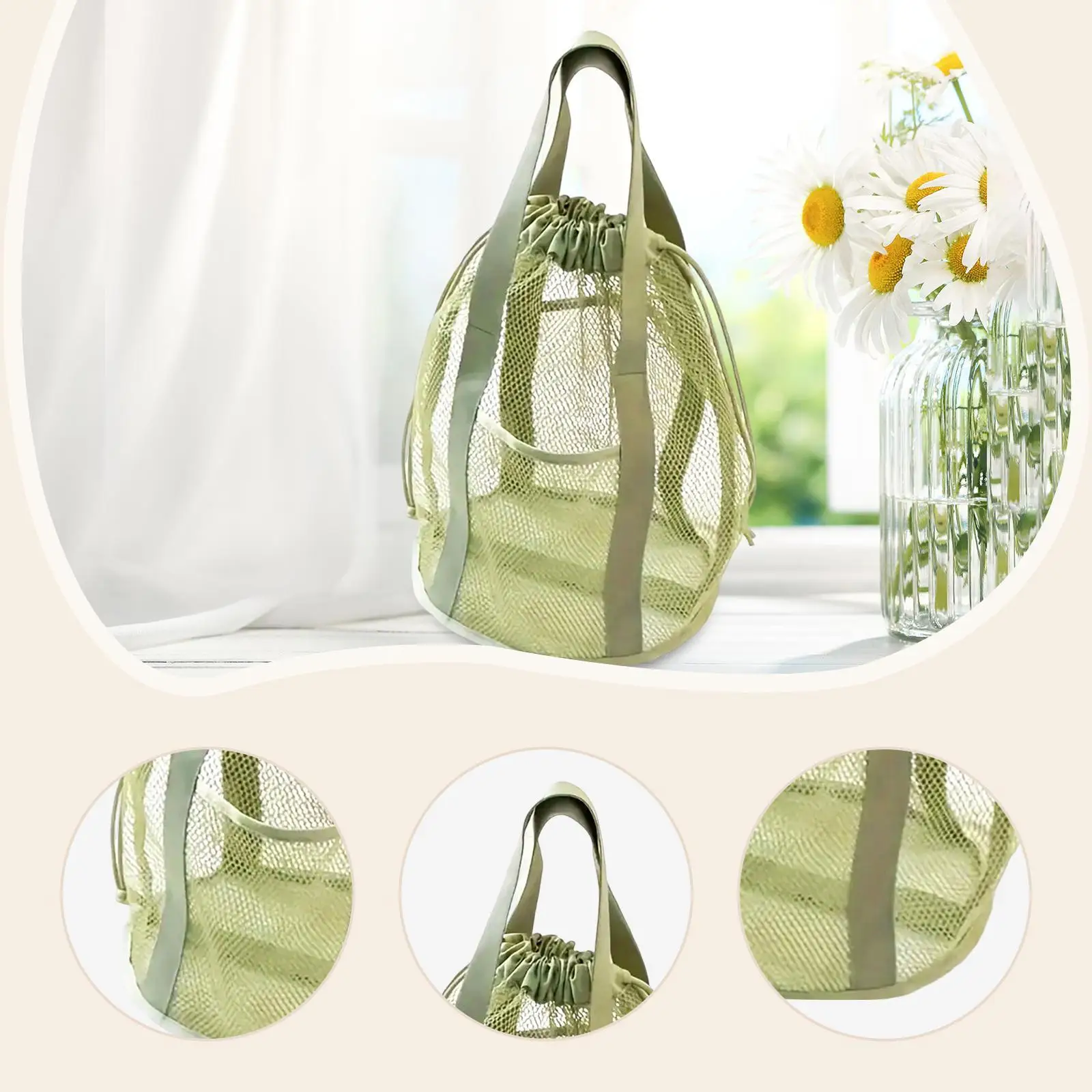 Quick Dry Mesh Shower Tote for Women Large Capacity Drawstring Pouch with Side Pockets for Gym Beach Travel Toiletries