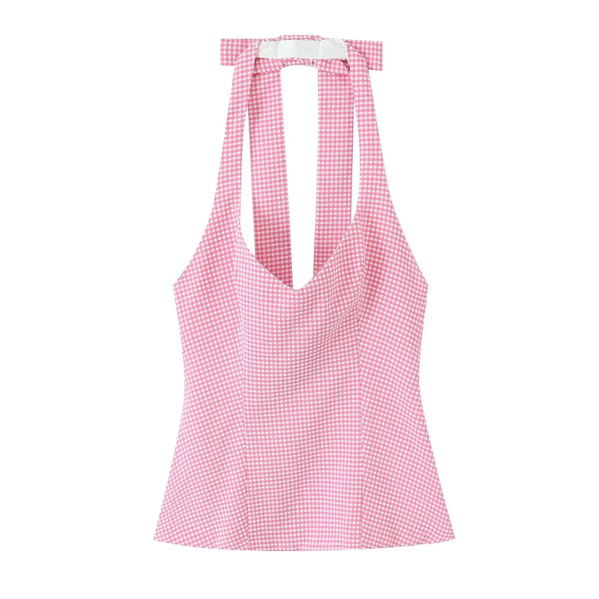 

Check Print Pink Backless Short Top Tank Summer Sexy Outfits Women Crop Top Halter Back V Neck Bow Top for Woman