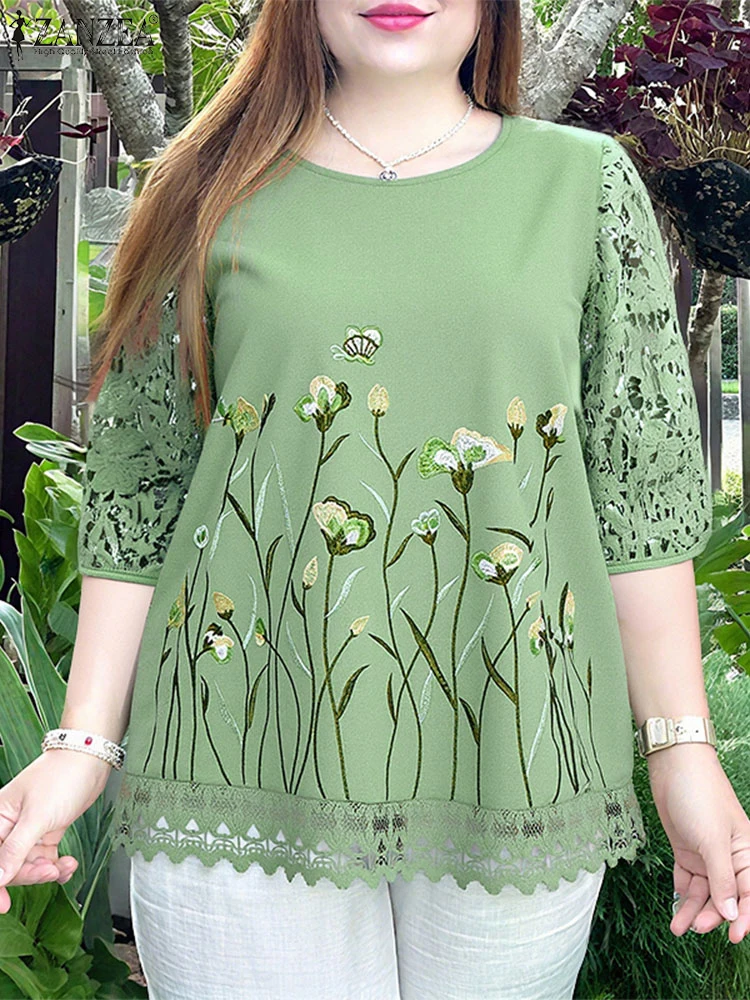 

ZANZEA Women Embroidery Blouses Vintage Floral Tops 3/4 Sleeve O Neck Summer Blusas 2025 Elegant OL Tunics Casual Loose Pullover