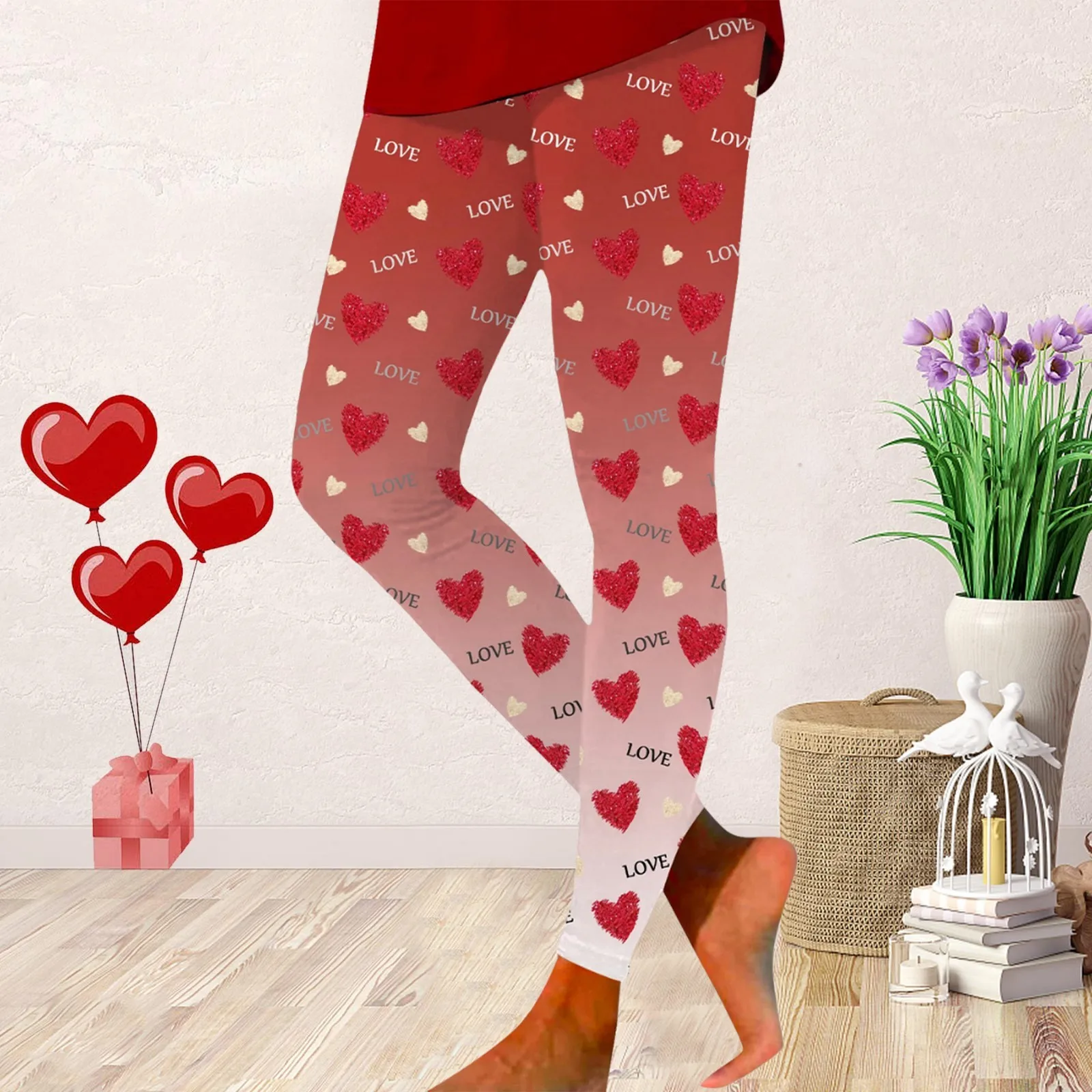 Womens Valentine's Day Leggings Sweet Heart Print High Waist Elastic Fit Slim Pant Spring Autumn Hip Lift Soft Outwork Tights