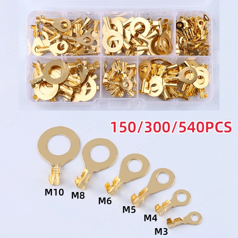 150/300/540Pcs  Cable lug Wire Connection Non Insulated Assortment Kit M3/M4/M5/M6/M8/M10 Ring Lugs Eyes Copper Crimp Terminals