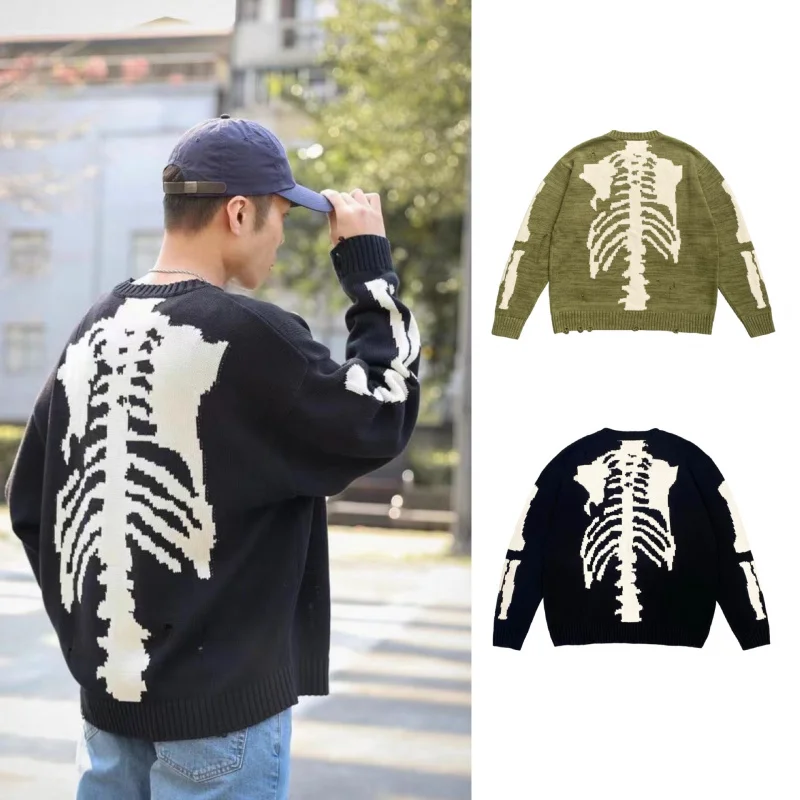 

DAVIDSHAO EU US Size Top Quality Vintage Hirata Bone Skeleton Retro Distressed Knitted Pullover Sweater
