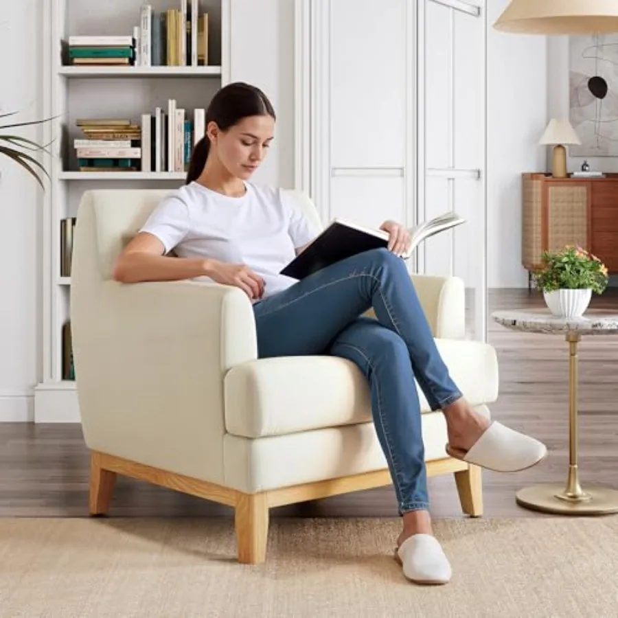 Large Accent Chair Mid Century Modern Reading Chair with Rubberwood Base Velvet Armchair with Lumbar Pillow Cozy Single Sofa Ch