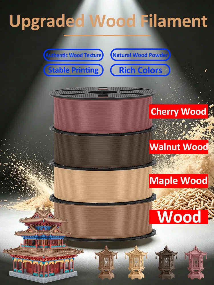 JAYO Holz 3D-Drucker-Filament 1,75 mm, 4 Rollen, echtes Holzfasern 3D-Filament für FDM 3D-Drucker, 10 % Holzfasern, 3D-Druckmaterial