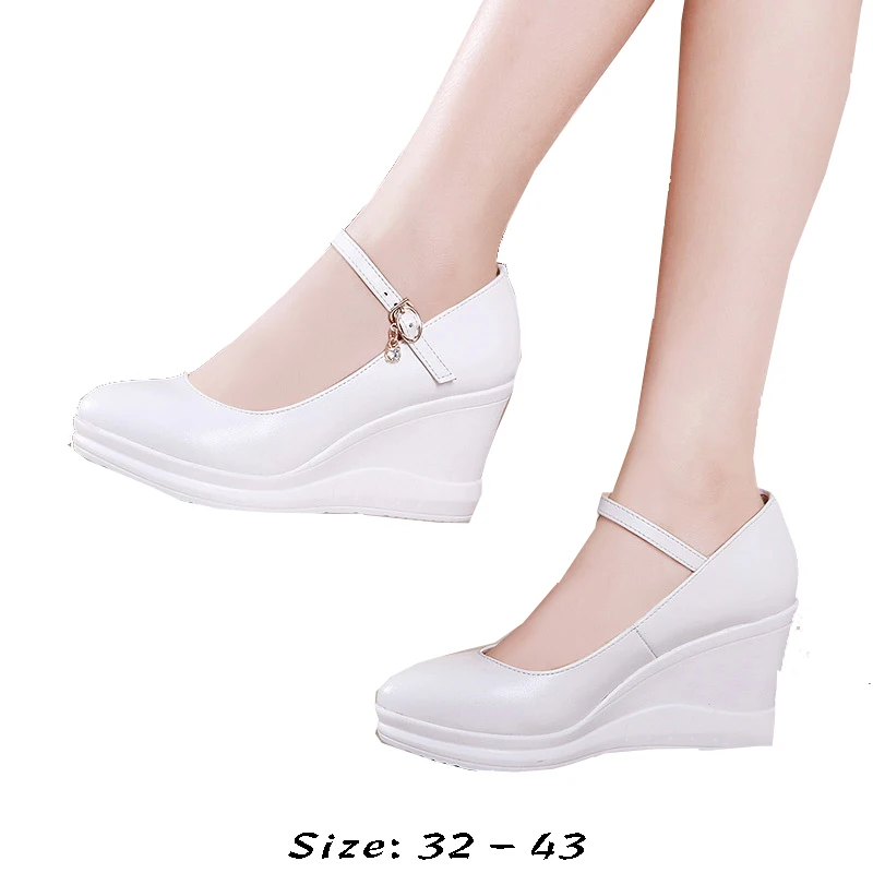 high quality leather shoe for women 7cm wedge high heel platform round toe 32 33 42 43 elegant and fashion shoe white red black