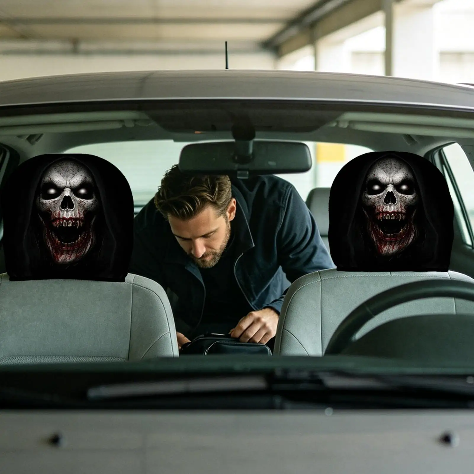 Ghost Face Headrest Covers 2 Pieces Funny Halloween Washable Protector Headrest Covers Car Seat Protector For Truck SUV RV