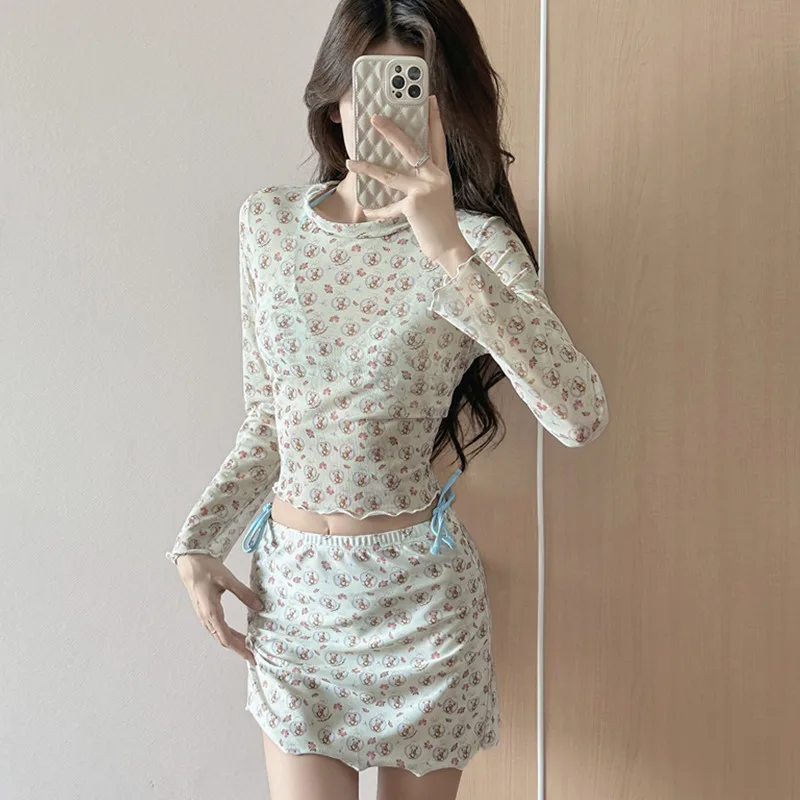 Korean Y2K Cute Bear Sunscreen Long Sleeve Mesh Cover-up Skirt 4 Piece Set Temperature Vacation Split Swimsuit Women Bikini Sets