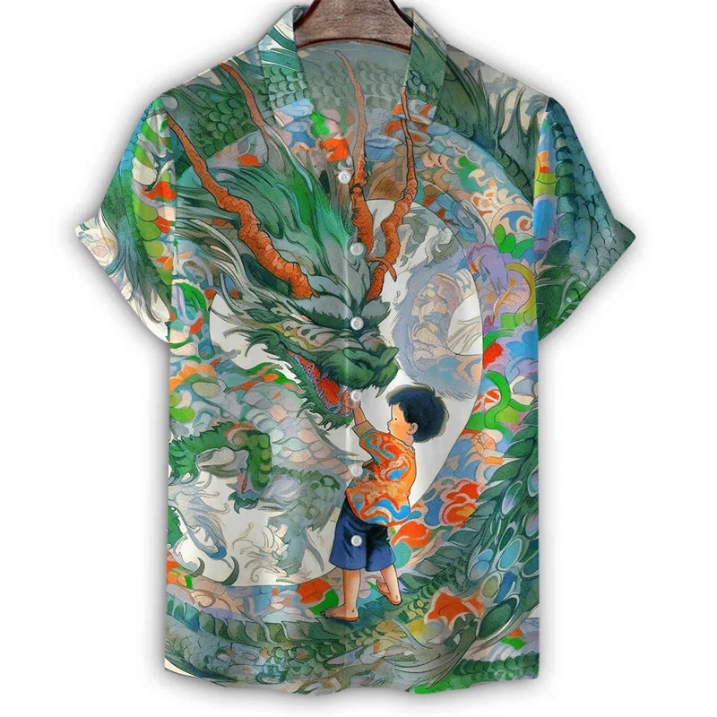 Art Orient Dragon Painting 3d Print Shirt For Men Summer Hawaiian Short Sleeves Tee Shirts Casual Button Lapel Blouse Tops