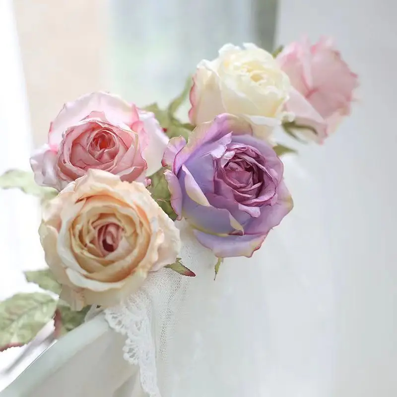 26in Artificial Vintage Edge Rose for Home Table TV Cabinet Wedding Centerpiece Photography Prop Decor