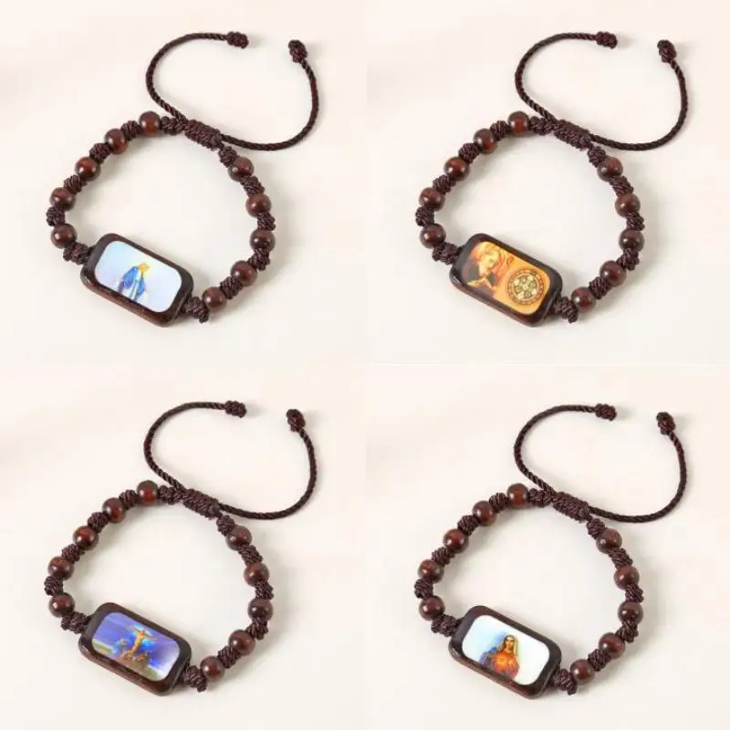 Wooden Rosary Bracelet Adjustable Religious Icon Stickers Drip Oil Finish, Spiritual Beaded Prayer Jewelry For Devotional Wear