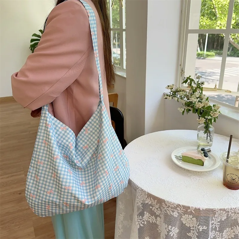 Youda New Cotton Fabric Shoulder Bag For Women Simple Plaid Pattern Handbag Crossbody Large Casual Capacity Shopper Tote Bags