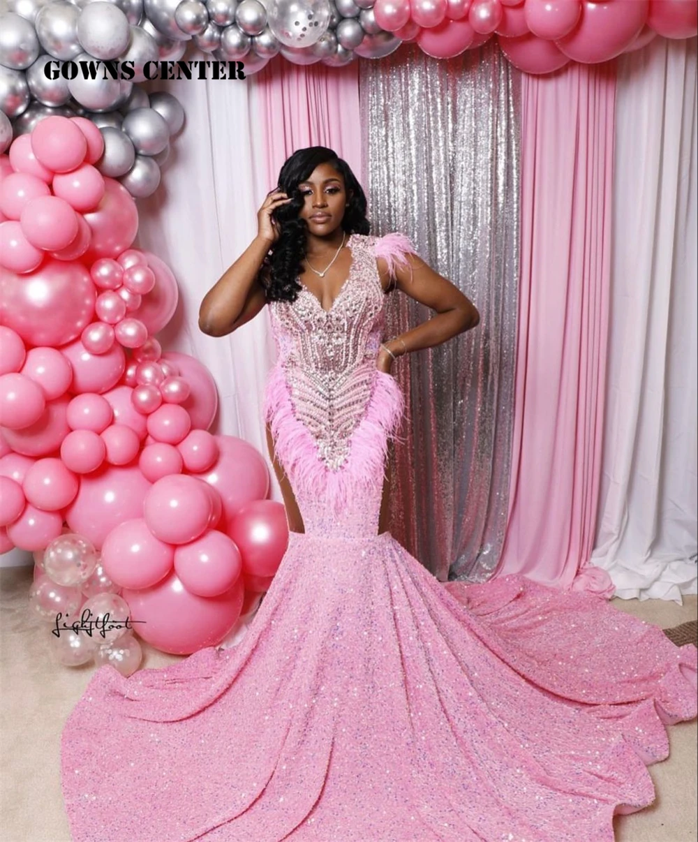 Fantastic Pink Velvet Sequin Feather Luxury Prom Dress 2024 Black Girl Mermaid Elegant Dress For Wedding Party Customized