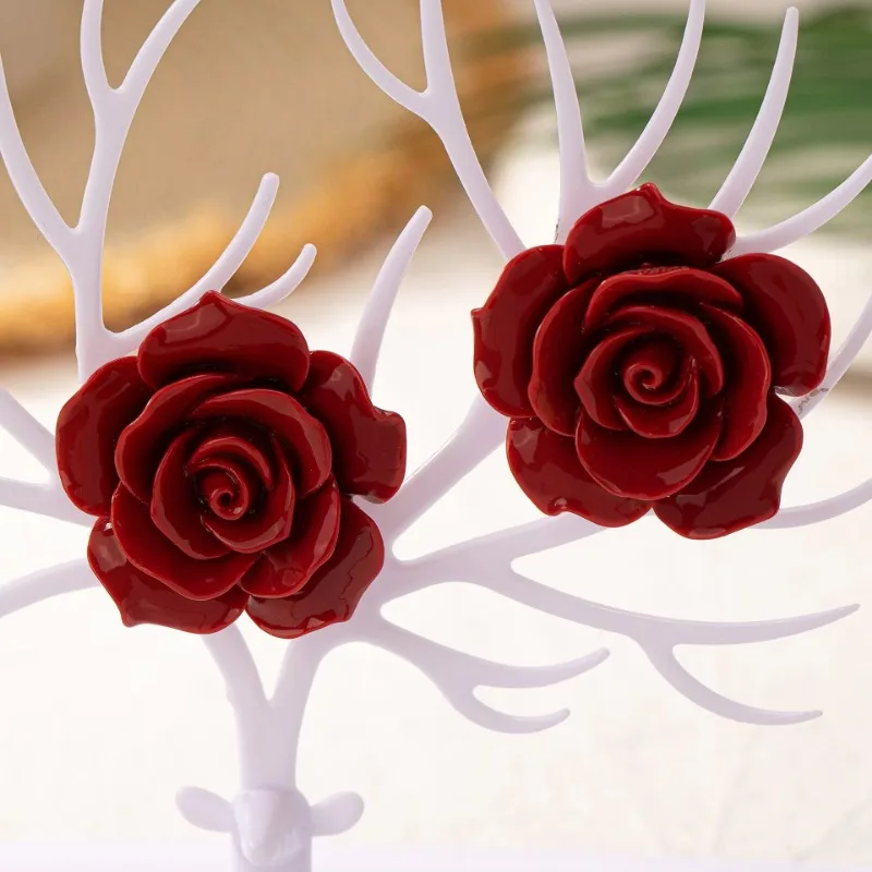 Stud Earrings For Women Red Rose Flower Retro Minimalist Geometric Ear Accessories Fashion Jewelry BE561