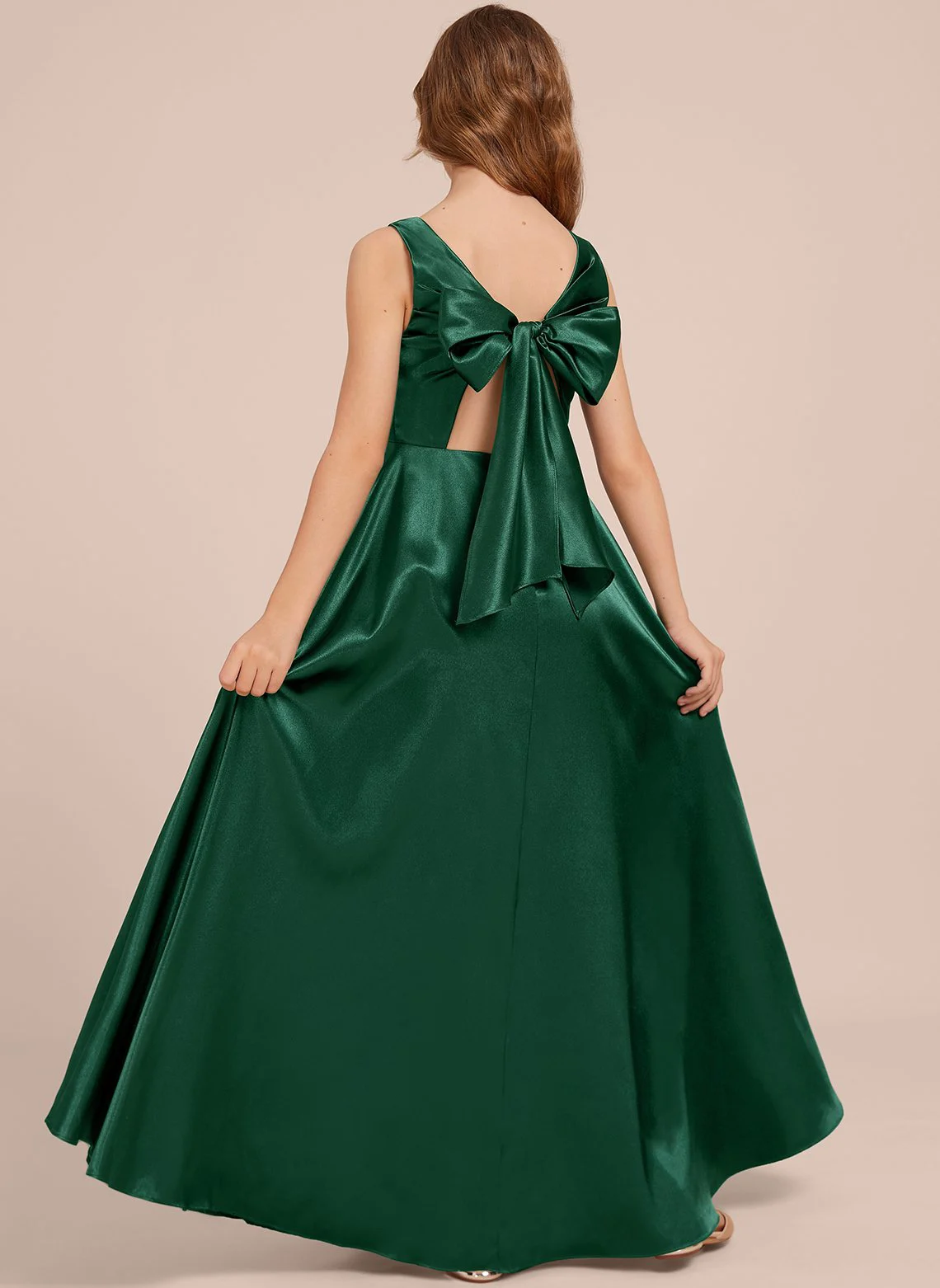 YZYmanualroom A-line Scoop Floor-Length Stretch Satin Junior Bridesmaid Dress/Customizable