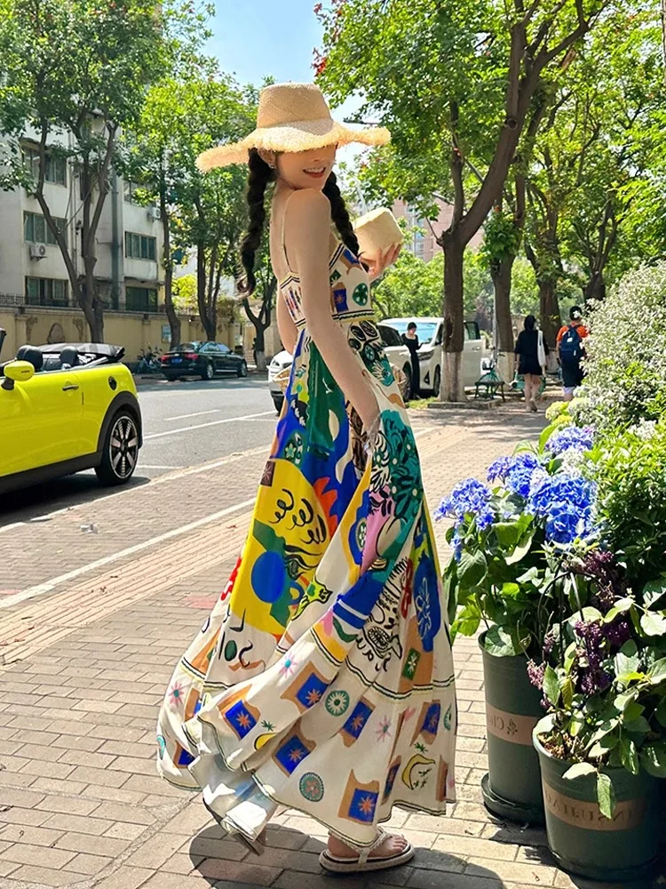 

Женская винтажная длинная юбка трапециевидной формы больших размеров с цветочным принтом на бретельках, осенняя новая дизайнерская повседневная одежда