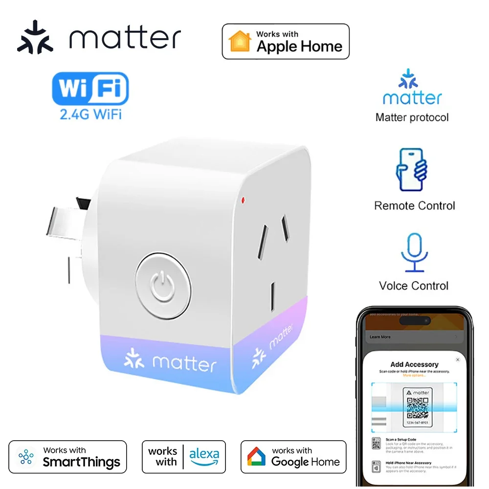 

Matter Smart Plug AU Smart Socket Home Power Outlet APP Remote Control 2.4G WiFi Only Support Apple HomeKit Alexa Google Home