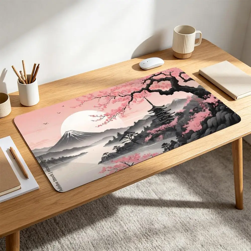 Large Oriental Japanese Scenery Desk Pad Mousepad Fuji Mountain Five-Story Pagoda Cherry Blossom gaming mouse pad