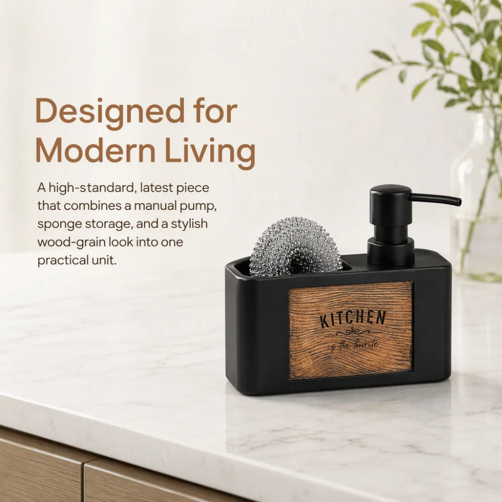 Press Type Kitchen Soap Dispenser with Sponge Holder Refillable Liquid Soap Container Wood Grain Lotion Bottle Home Use