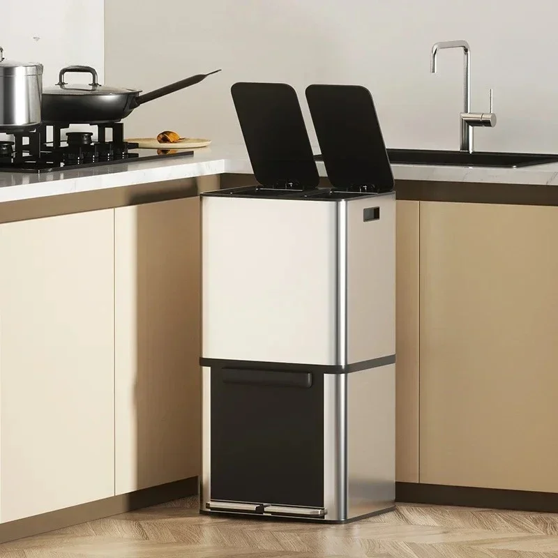 Kitchen Classification Trash Can Household Dry Wet Double-layer Cabinet Type High-body Stainless Pedal Cover Large Capacity