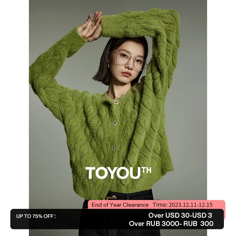 

Toyouth Women Imitation Mink Wool Knitted Jacket 2023 Winter Long Sleeve Round Neck Loose Knitwear Retro Plush Warm Outwear