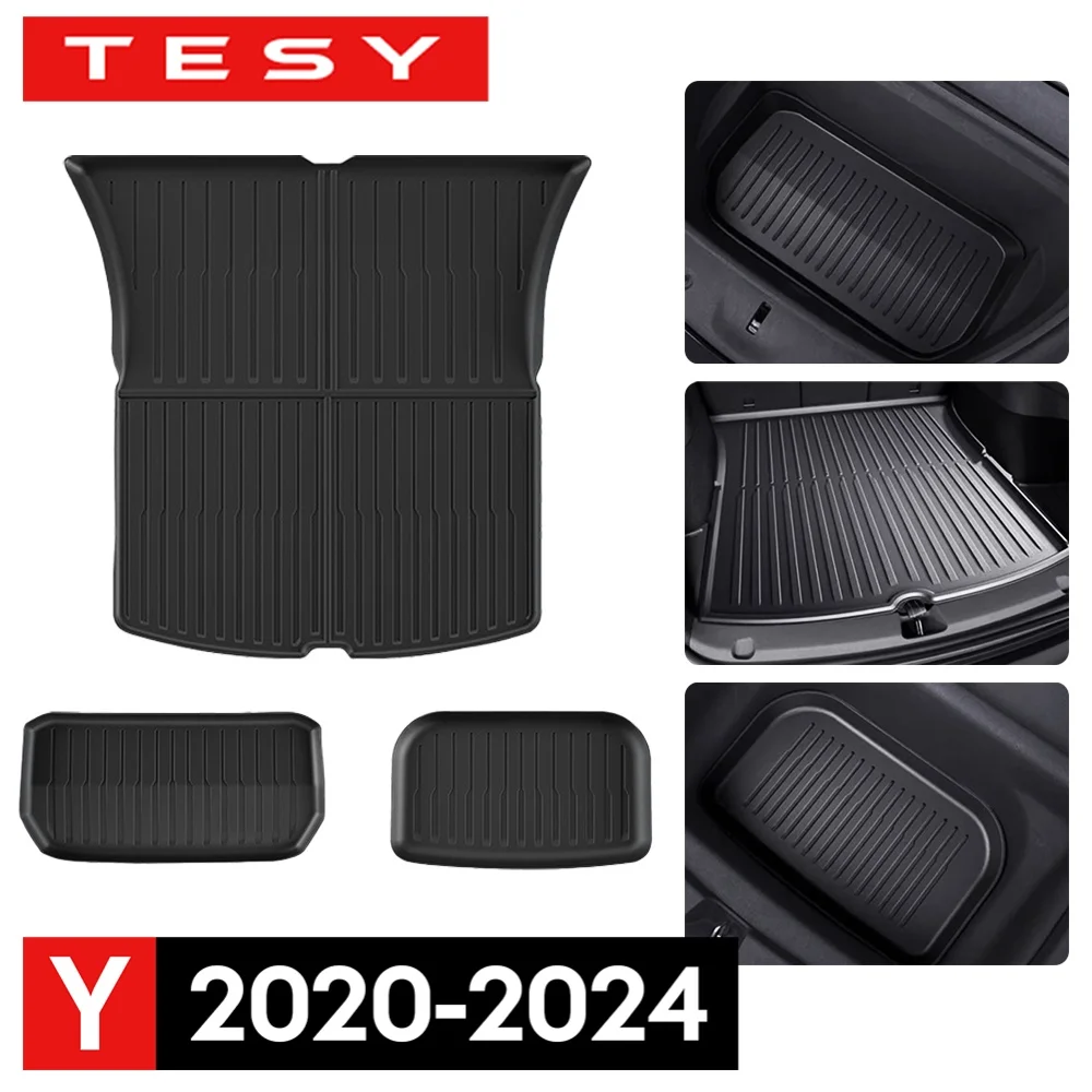 For Tesla Model Y 2020-2024 Front and Back Trunk Mat TPE Carpet Waterproof Weather-resistant Pads Up and Down Layer Mats 