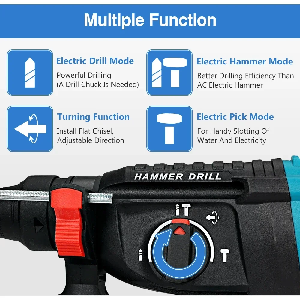 Electric Brushless Hammer Drill 25mm 850W Rotary Cordless Rotary Hammer Drill Rechargeable Lithium Battery Power Tool