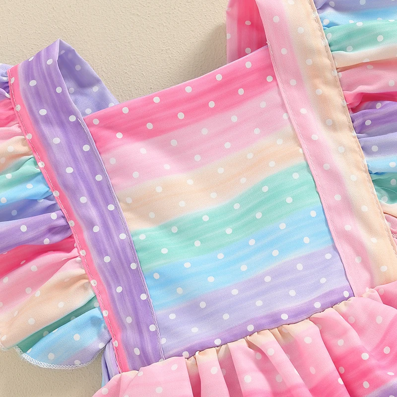 

Birthday Outfit Rainbow Romper Dress Baby Girl Ruffle Sleeve Bodysuit Square Neck Polka Dot Print Jumpsuit Headbands