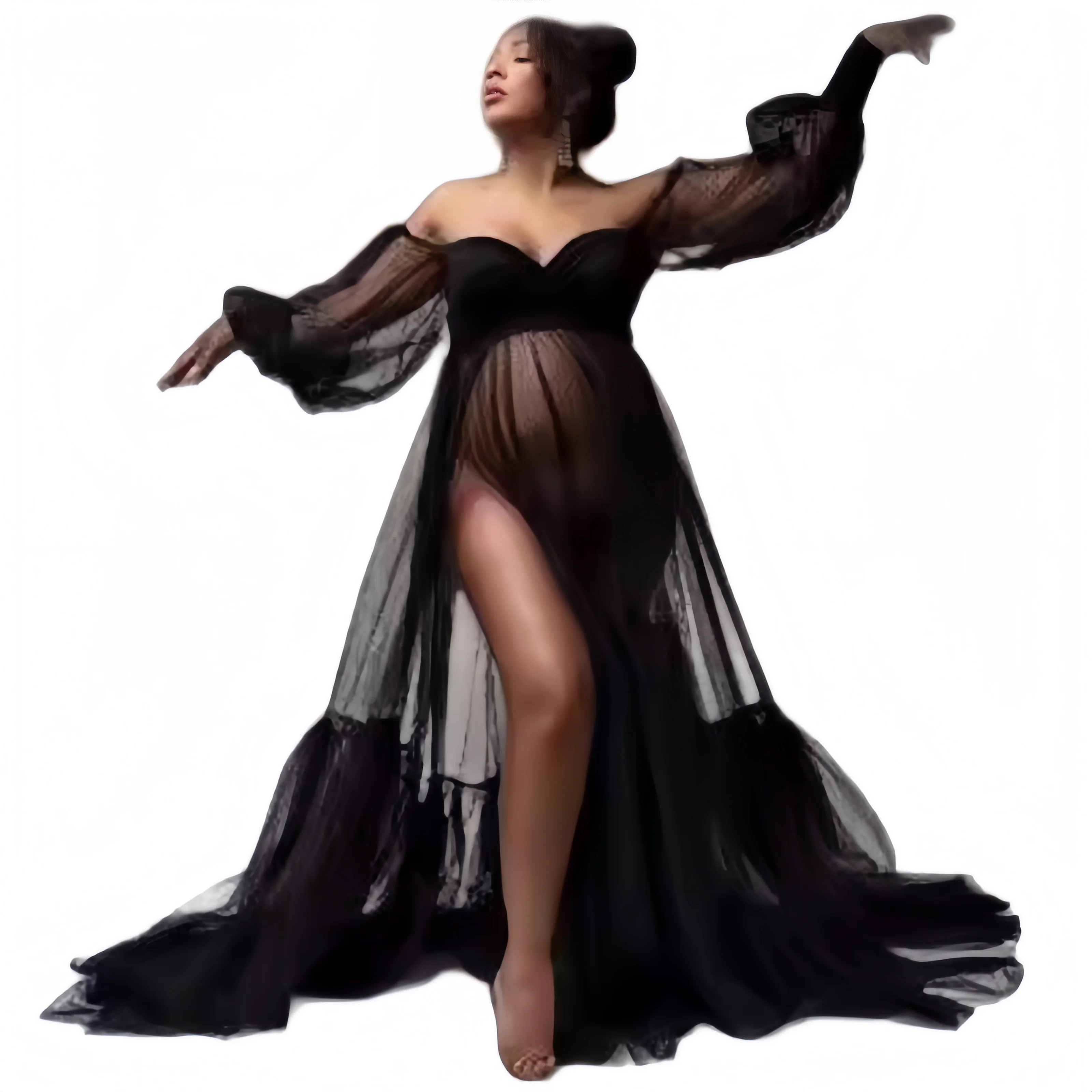 

Women's Mesh Maternity Dress Puff Sleeve Soft Tulle Slit Polka Dot Sheer Tube V Neck Robe Nightgown