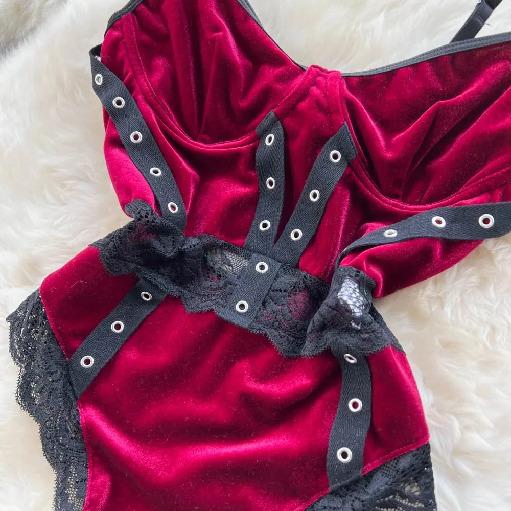 Hotsweet Vintage Strap Elegant Sleeveless Chic Lace Spliced Velour High Split Bodysuits Sexy Beach Vacation High Street Jumpsuit