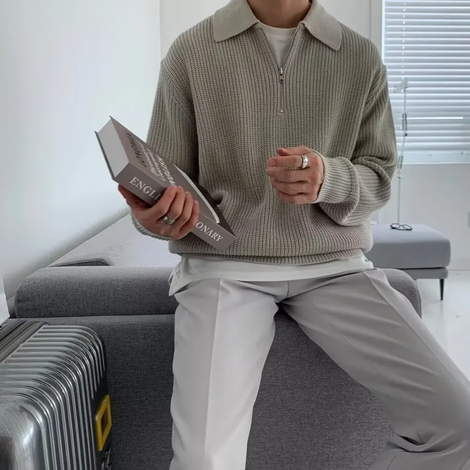 

Comfortable Korean Sle f Zip Long Sve Pure Color Knitted irt Men's Casual Outerwear Versatile Loose Fit Daily Wear