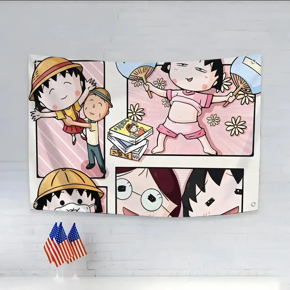 Chi Maruko-Chan adorable Flags Daily four rings hanging no edging for indoor use and outdoor decor easy hanging