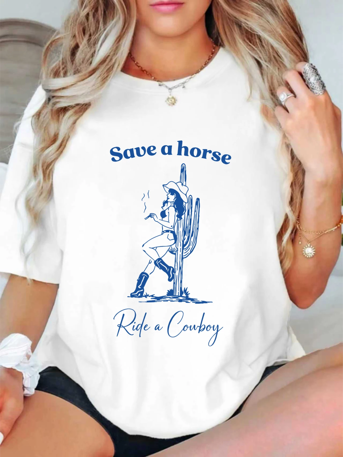 

【ZXH1143】Женская футболка больших размеров с принтом в стиле ковбойской девушки, с круглым вырезом, летняя, повседневная, с короткими рукавами, в уличном стиле, универсальная.