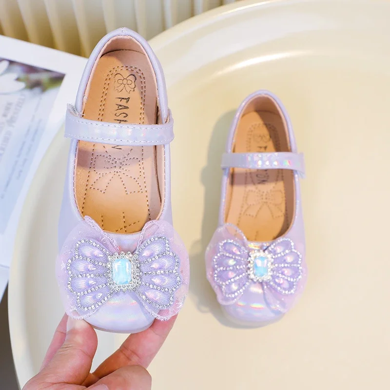 Zapatos de cuero de princesa para niñas, zapatos planos con pajarita de diamantes de imitación, informales, para fiesta de boda, primavera y otoño