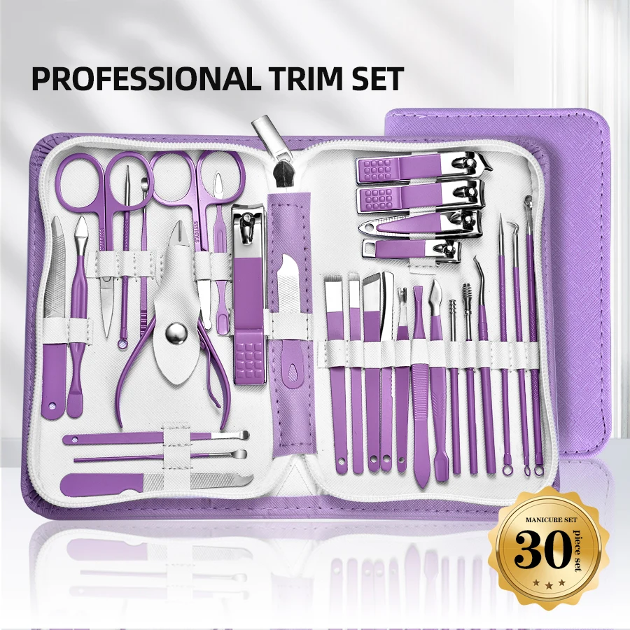 طقم مانيكير من الفولاذ المقاوم للصدأ 9/18/24/30 قطعة باللون الأرجواني المبهر والأزرق - مقص أظافر على الطراز الحديث مع شفرة محدبة، غير معطرة