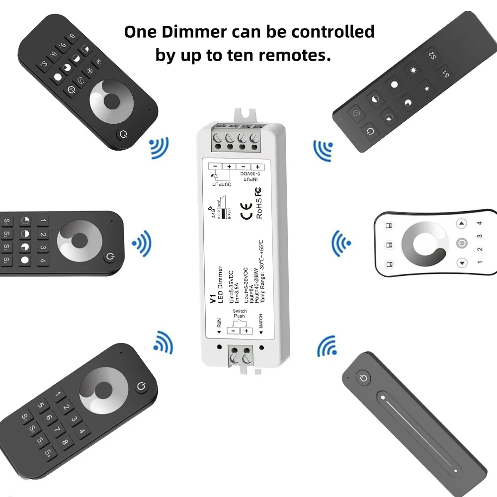 V1 LED Dimmer 5V 12V 24V 36V LED Controller 1 to 8 Zone 2.4G Wireless Remote RT1 RT6 RT8 R1 R6 R11 for Single Color LED Strip