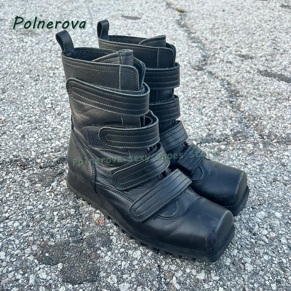Hook and Loop Ankle Boots Square Toe Thick Sole Patchwork Punk Casual Couple Leather Shoes 2026 Spring Summer Street Style Trend
