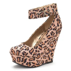 Women Wedge Pumps Sexy Leopard Flock Buckle Bowtie Round Toe Ankle Strap High Heels Platform Wedges Female Party Wedding Shoes