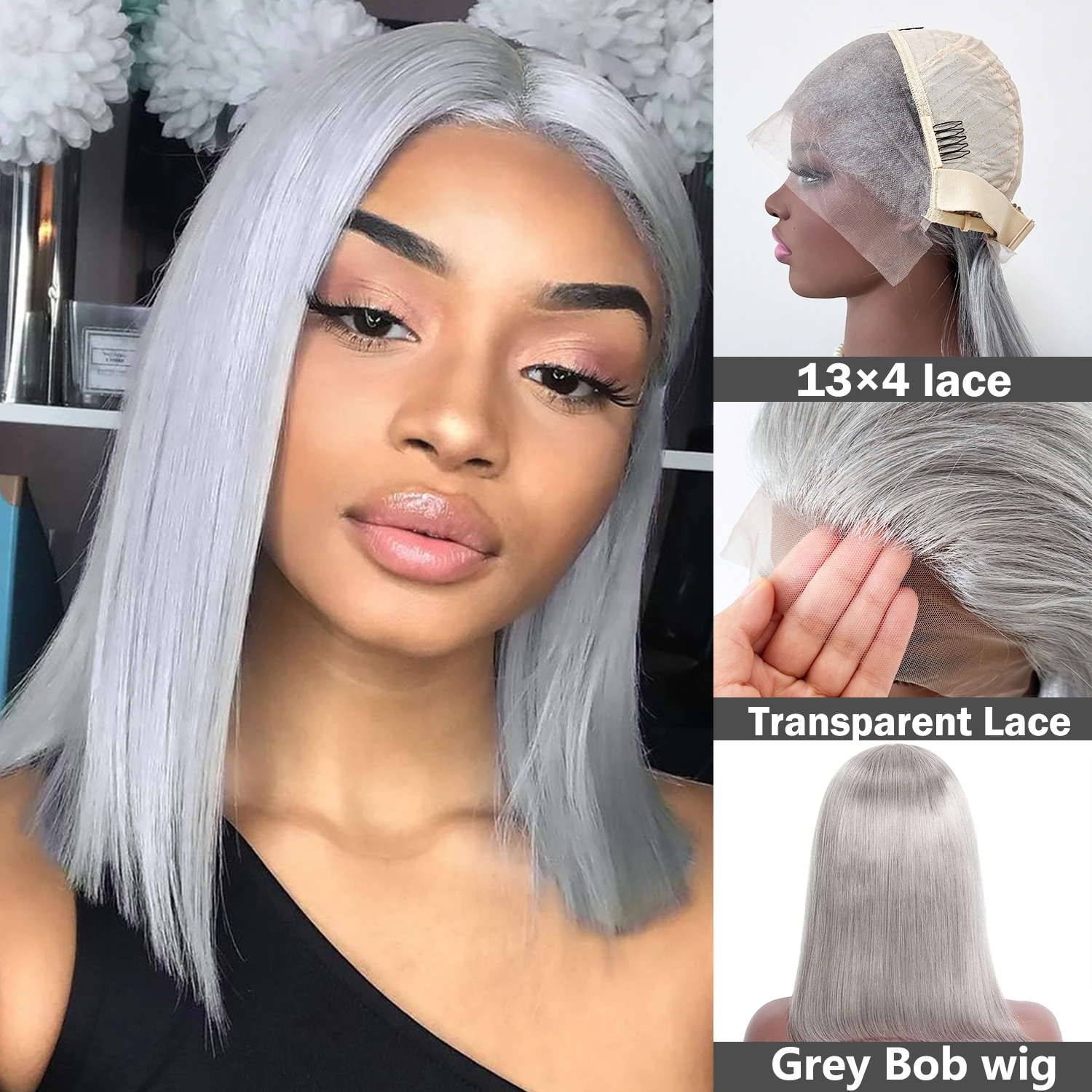 أزياء رمادي بوب شعر مستعار شعر الإنسان 13X4 الدانتيل شعر مستعار أمامي قبل قطعها مع شعر الطفل 200% الكثافة 12 بوصة مستقيم الدانتيل الجبهة رمادي بوب