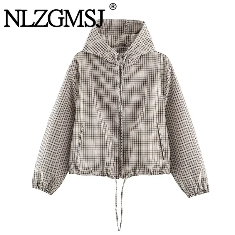 NLZGMSJ 2026 Autumn Women Casual Plaid Hooded Jacket Chic Long Sleeve Drawstring Zipper Loose Short Jackets Street Coat