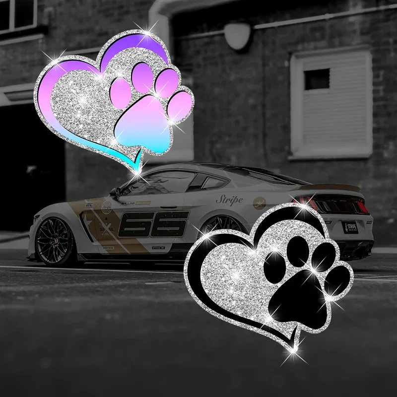 Bling Heart-Shaped Dog Paw Pattern Pet Car Window Stickers, Stiers, Glitter Playful Decals, For Car And Laptop Decoration