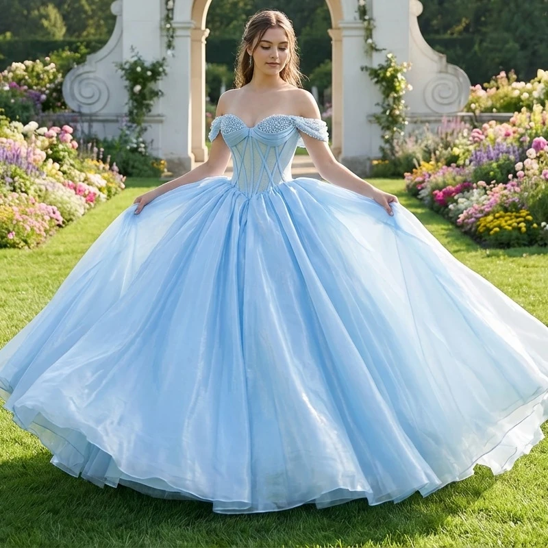 

Sky Blue Shiny Quinceanera Dresses Off The Shoulder Beading Tull Party Birthday Sweet 16 Dress Vestidos 15 Anos