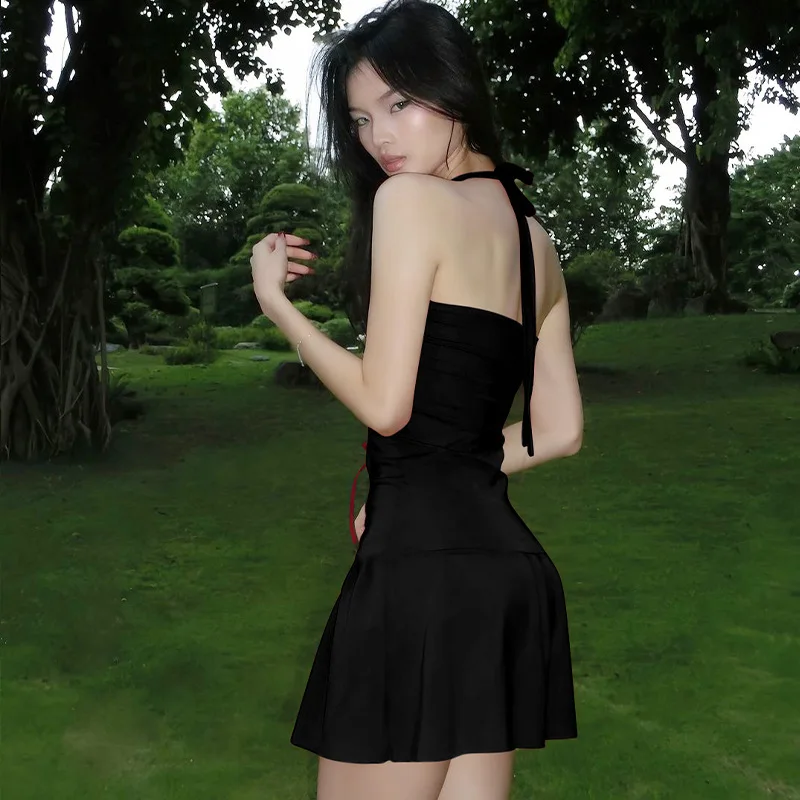 Zeyla Vestido de mujer estilo occidental de color sólido con cuello halter y un solo hombro, minivestido adelgazante de cintura alta con lazo recortado, túnica diaria para fiesta