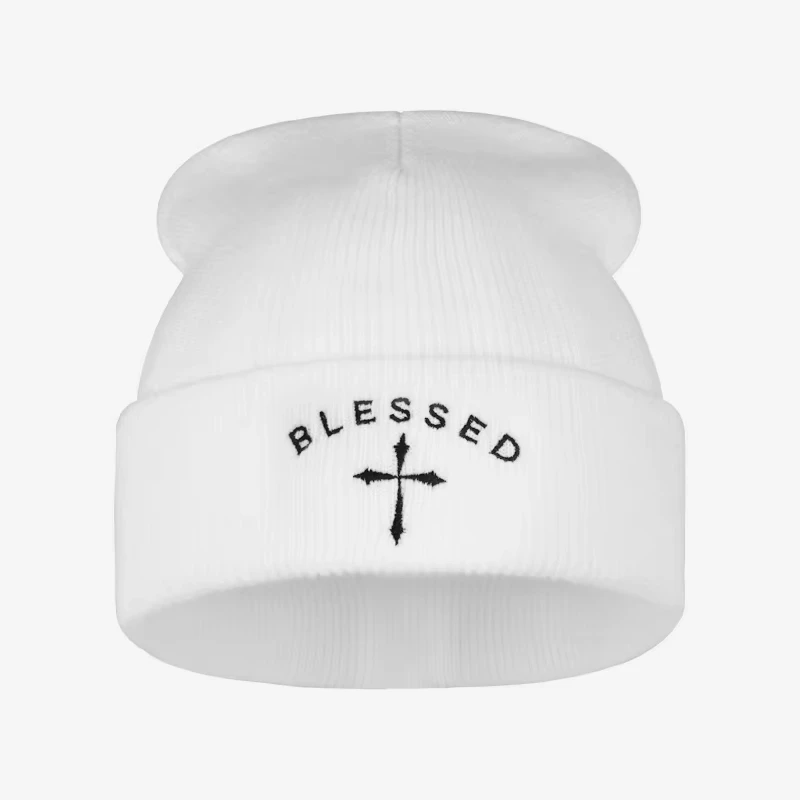 2026 Blessed Cross Printed fabric Winter Cuffed Knit Hat, Unisex Warm Streetwear Cap for Men Women, Daily Outdoor Wear