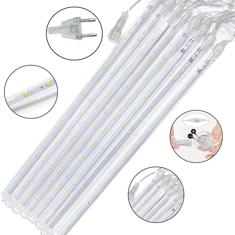 LED Meteor Shower Lights, 8Tube, EU Plug, Falling Rain Drop, Fairy String Lights para festa de Natal, jardim, decoração de férias