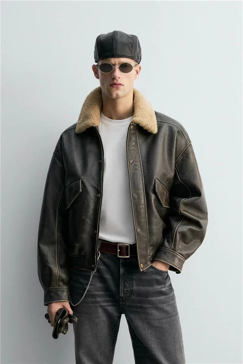 

Vintage Biker ort Leather Jaet Men's Faion Urban Sle Windproof Zipper Closure Collar Pure Color Winter Coat