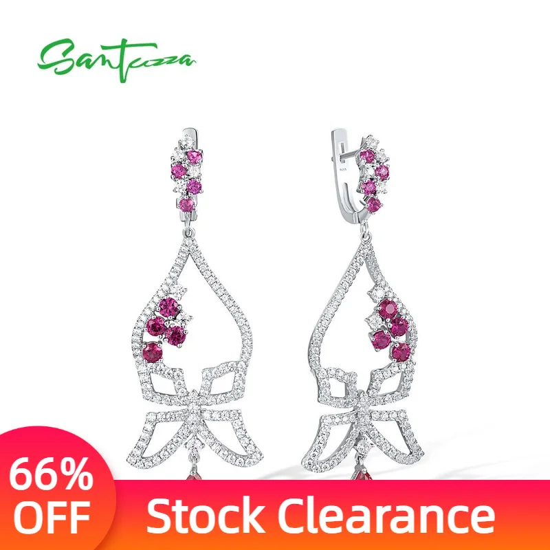 

SANTUZZA Pure 925 Sterling Silver Long Drop Butterfly Earrings For Women White CZ Creat Ruby Pink Glass Unique Fine Chic Jewelry