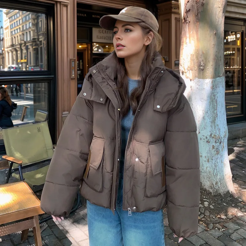 2024 Winter New Fashion Down Cotton Short Jacket Women Thick Warm Loose Cocoon Type Hooded Diamond Puffer Coat Female Outwear