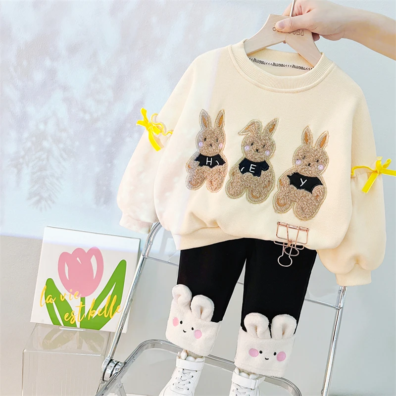 2022 Winter Baby Girls Plush Sweater Pants 2 Pieces Suit Children Clothing Sets Cartoon Kids Sportswear Infant Clothes Outfits